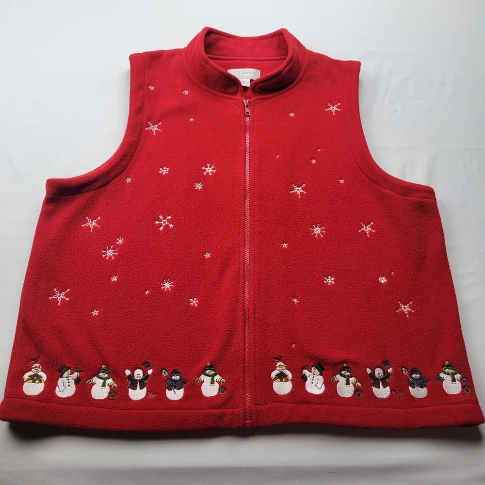 CJ Banks Christmas Vest Vintage Snowmen/Snowflake Full Zip Red Woman's XL